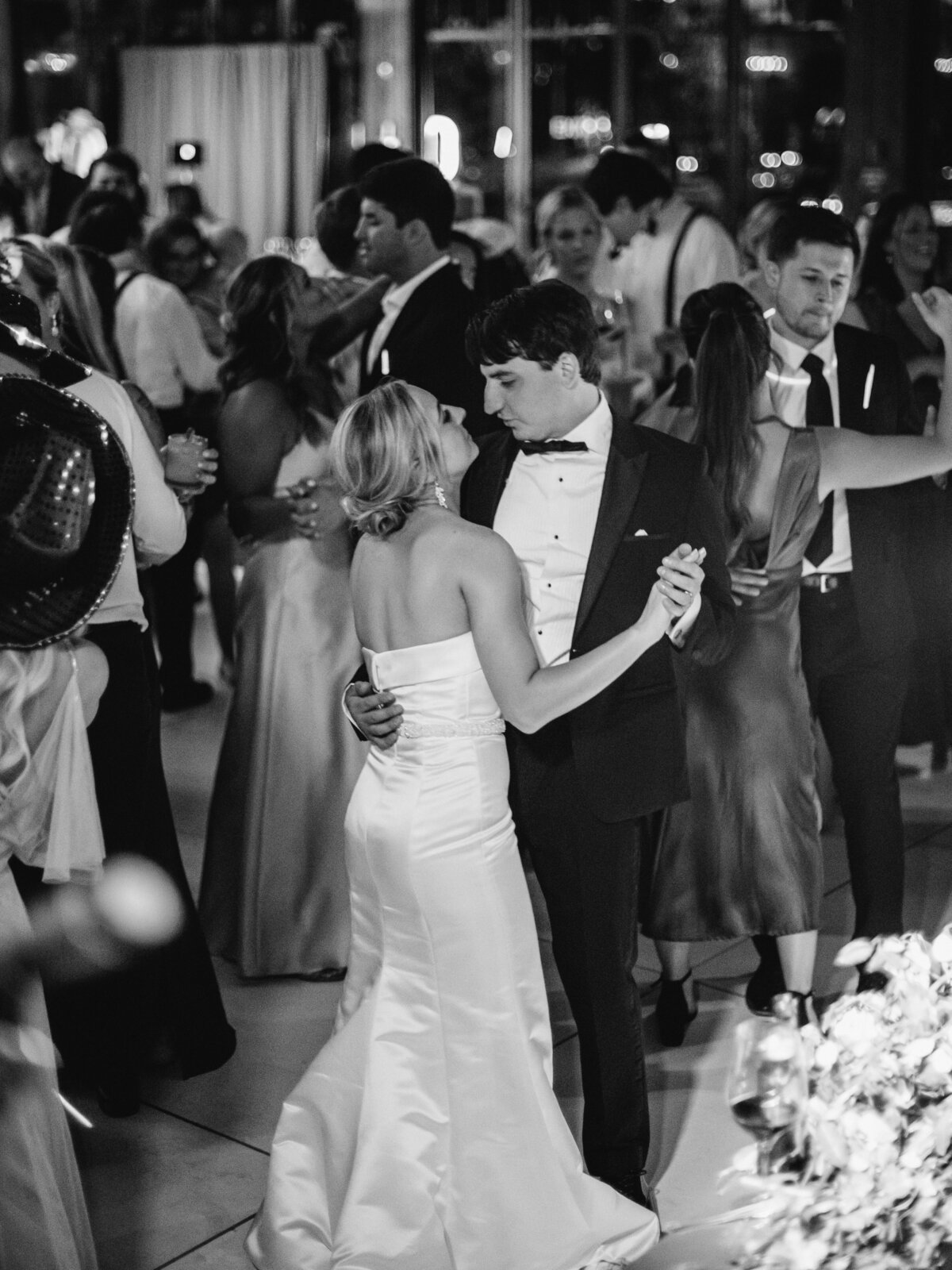 Black and white photo of the bride and groom dancing during the reception at Old Edwards Inn in Highlands, North Carolina.