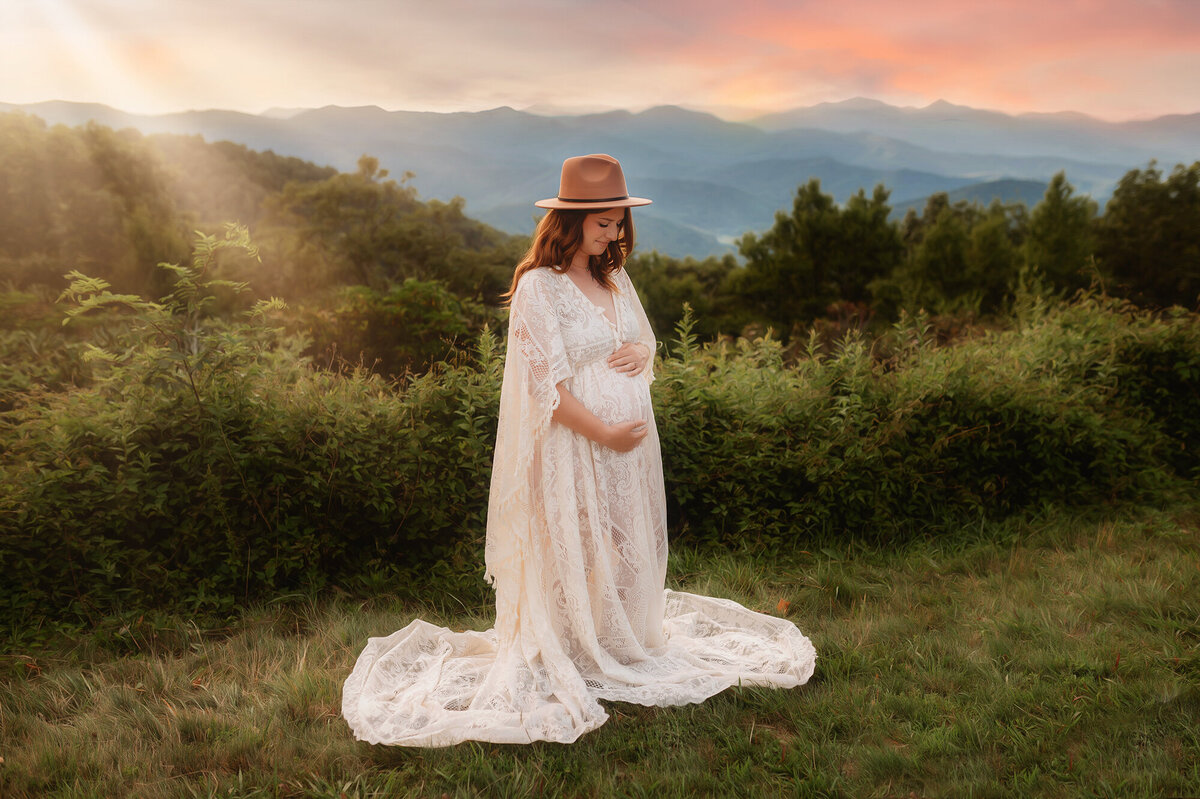 Expectant parents pose for Maternity Photos on the Blue Ridge Parkway in Asheville, NC.