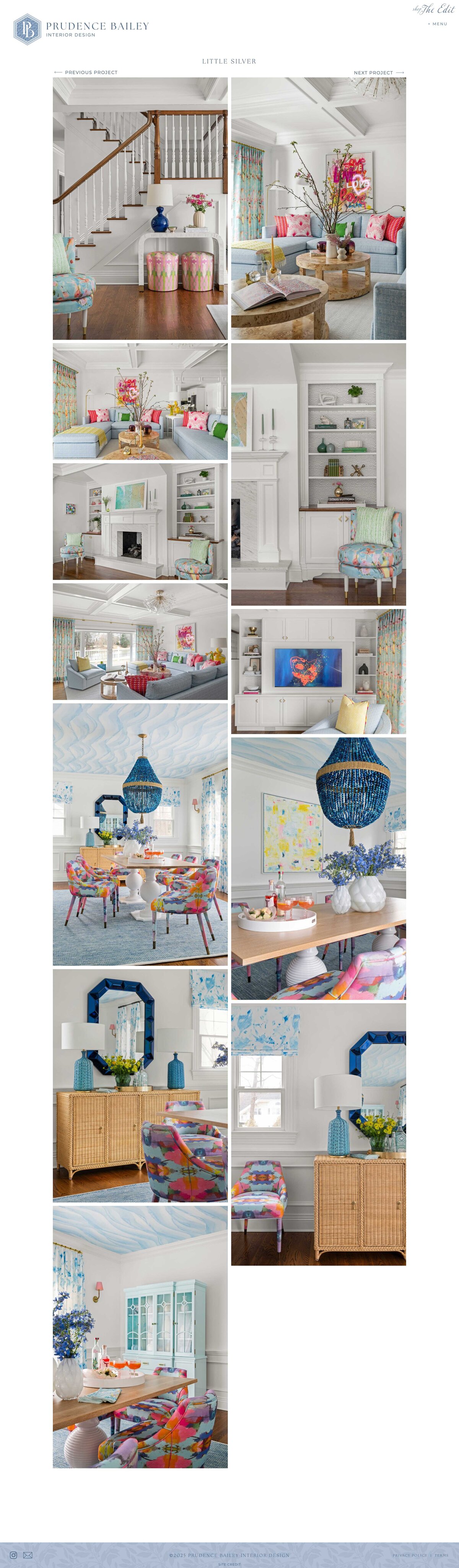 Homepage design of Prudence Bailey Interior Design project page featuring a feminine bedroom interior.