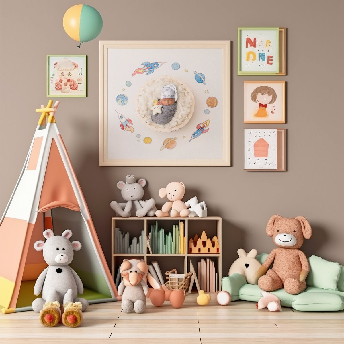 A fine art photography image of a newborn baby sleeping in a swaddle hangs on a wall in a nursery filled with toys
