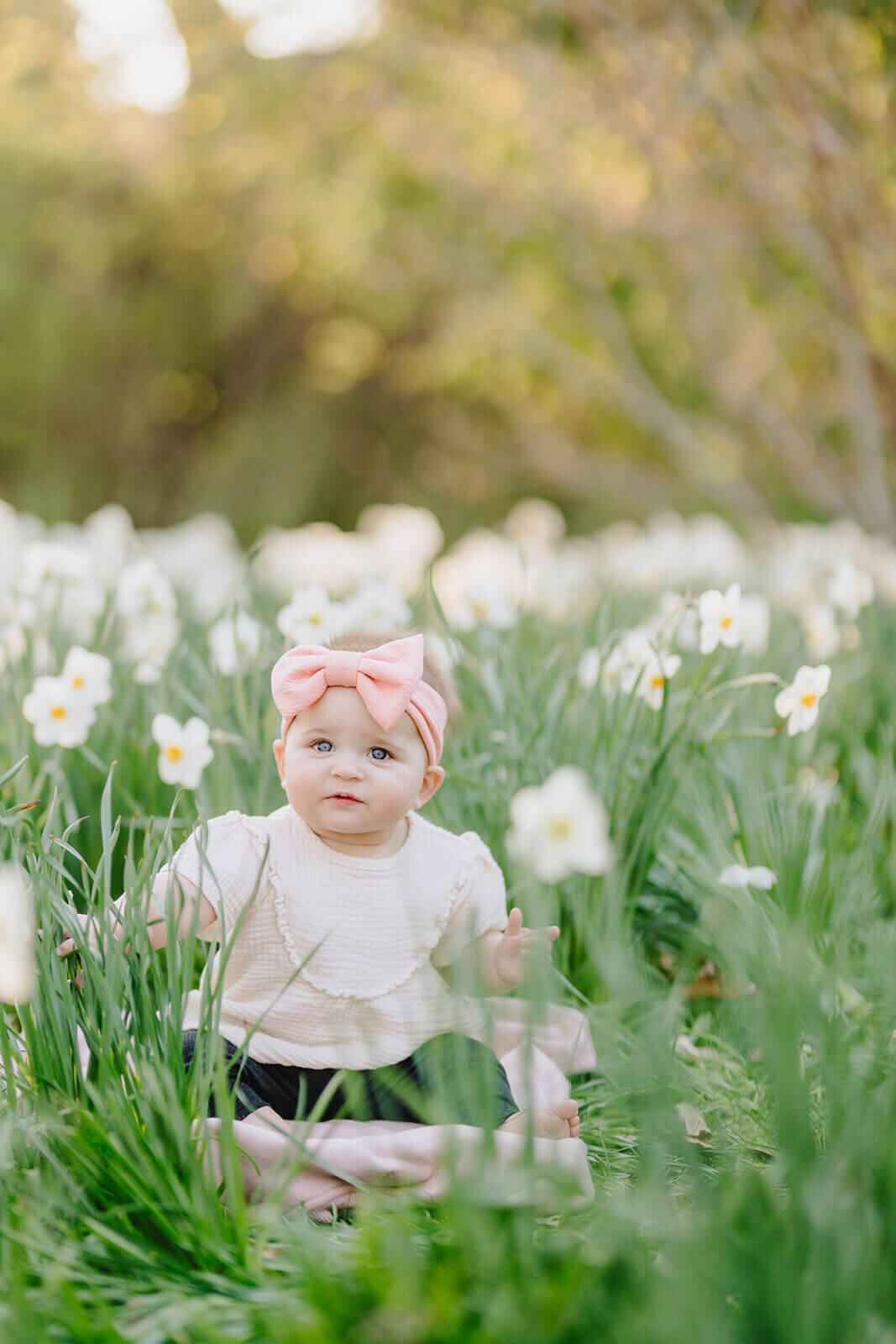 Baby sitting amongst flowers at family photo session in Finger Lakes, NY