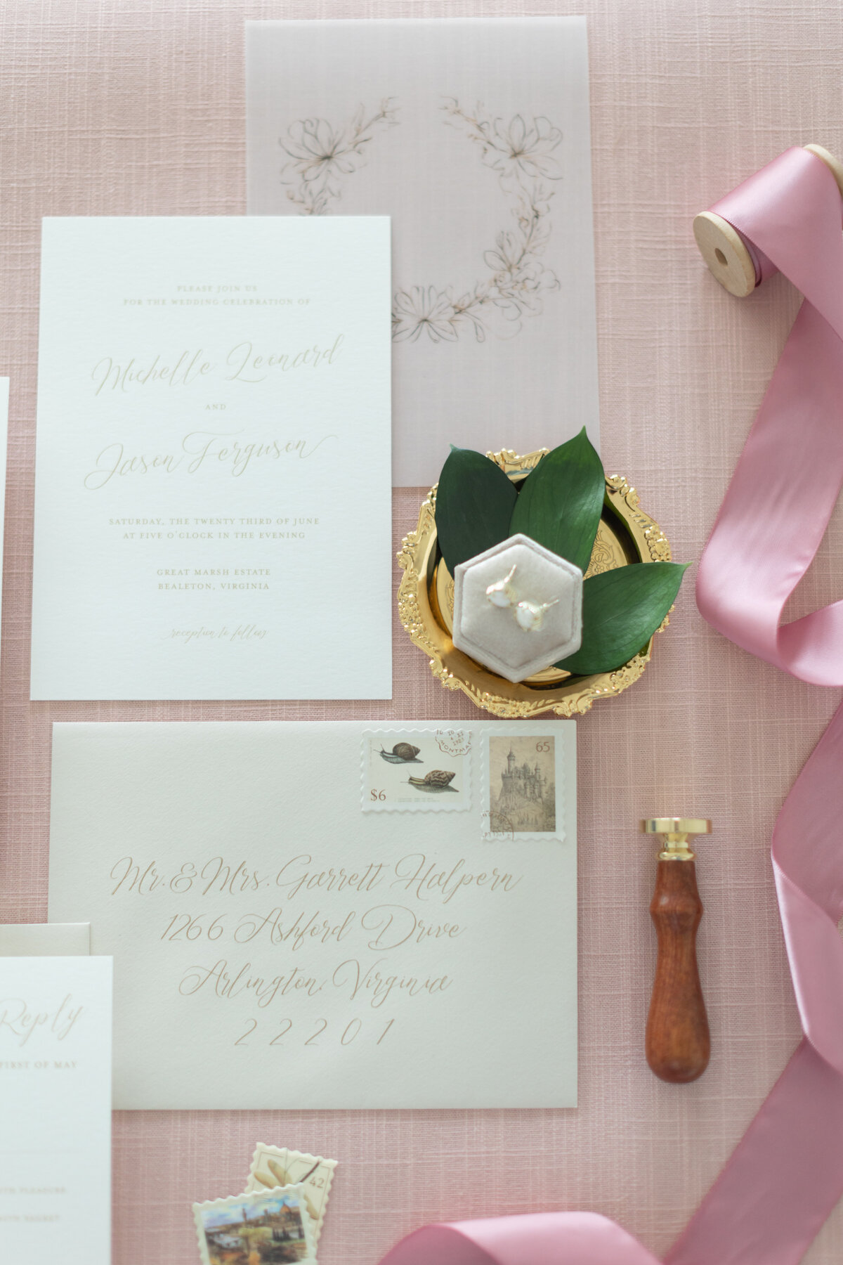 Pink and gold romantic suite with vellum overlay by Liz Theal