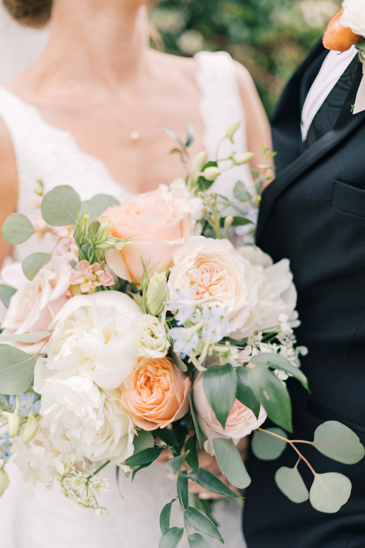 Close-up of a colorful bridal bouquet at House Mountain Inn, highlighting vibrant florals on a wedding day in Virginia.