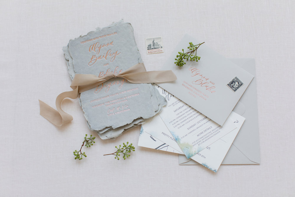 Dusty+blue+handmade+paper+wedding+invites