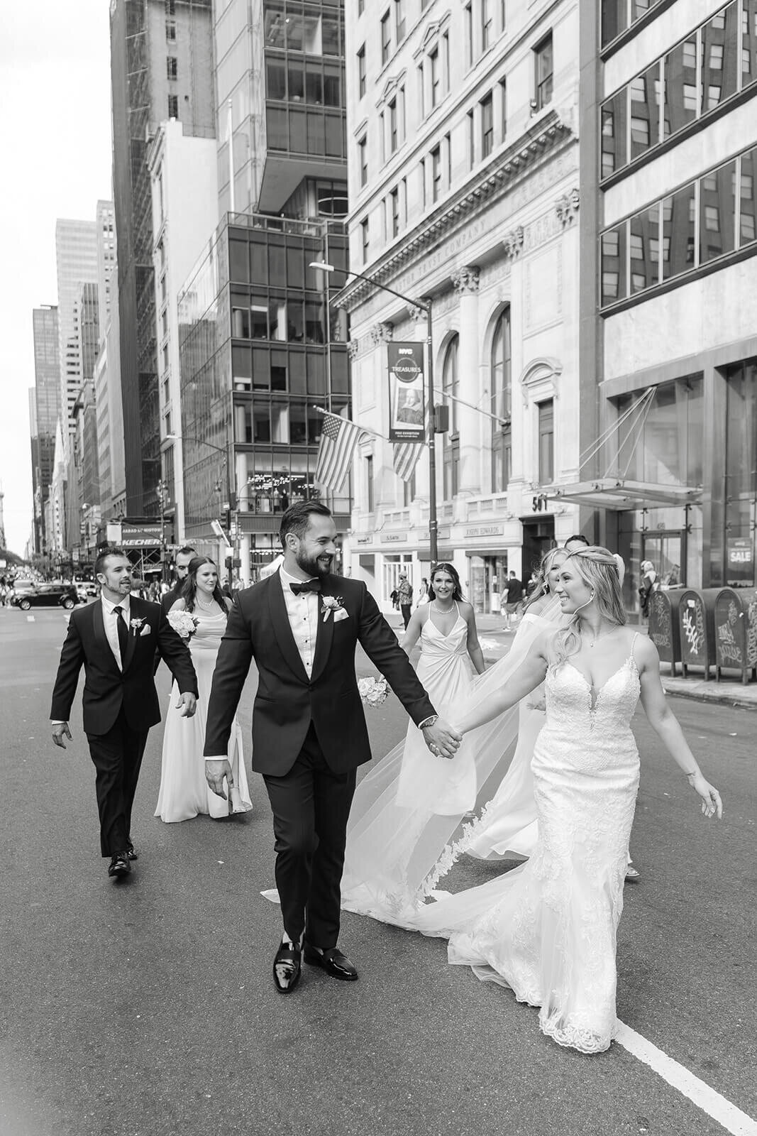 NYC bride and groom walking