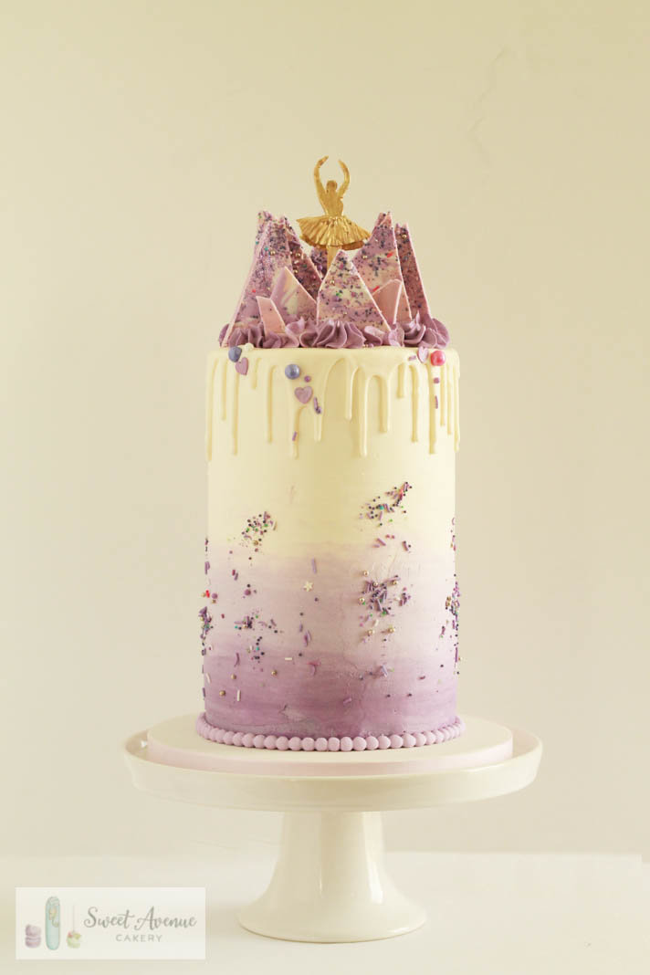 purple watercolour cake, ballerina birthday cake