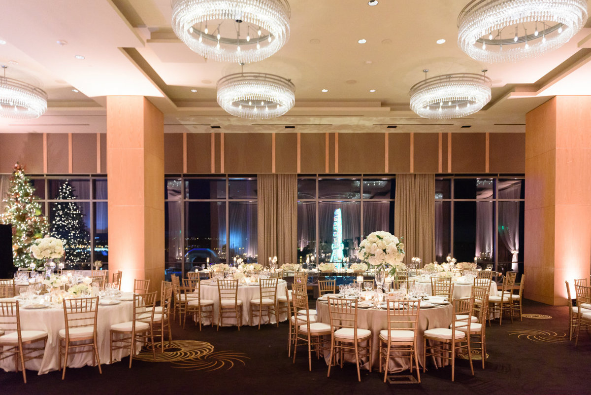 Beautiful white and gold winter wedding reception at the ballroom of Four Seasons in Seattle.