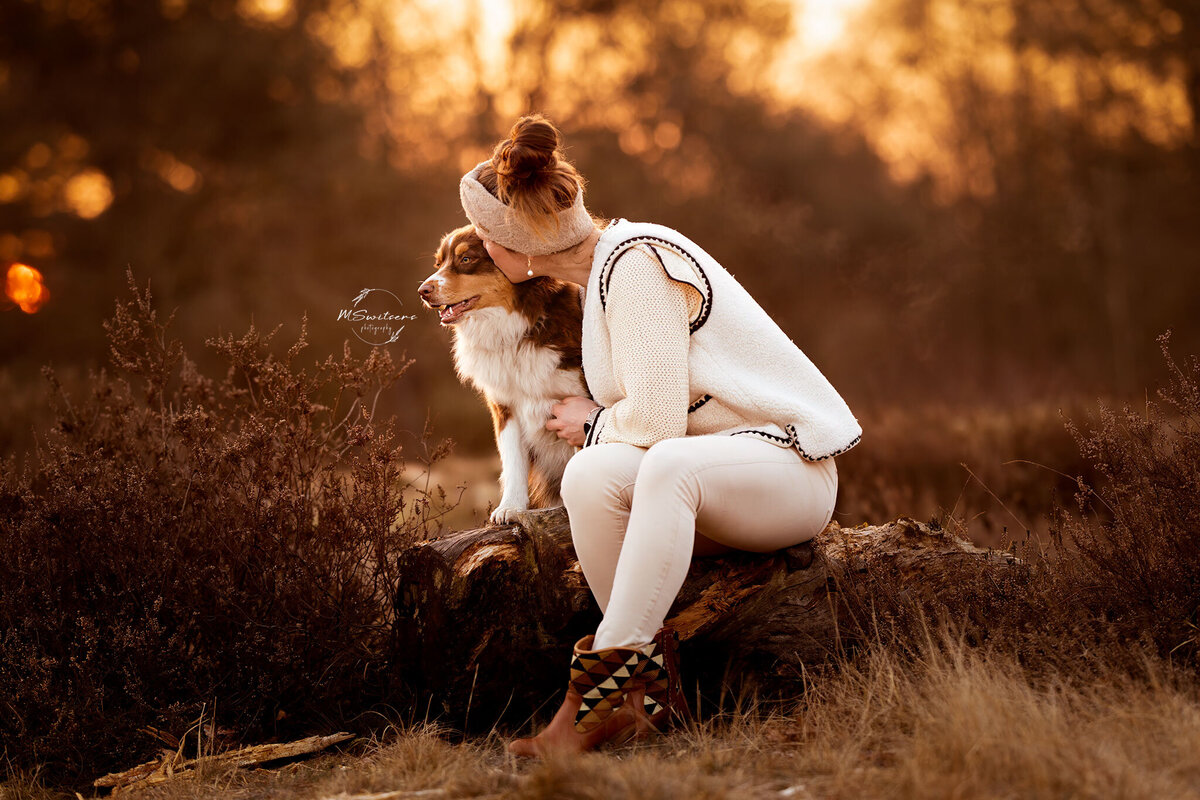 Hond met baasje al knuffelend tijdens een hondenfotoshoot met zonsondergang. 