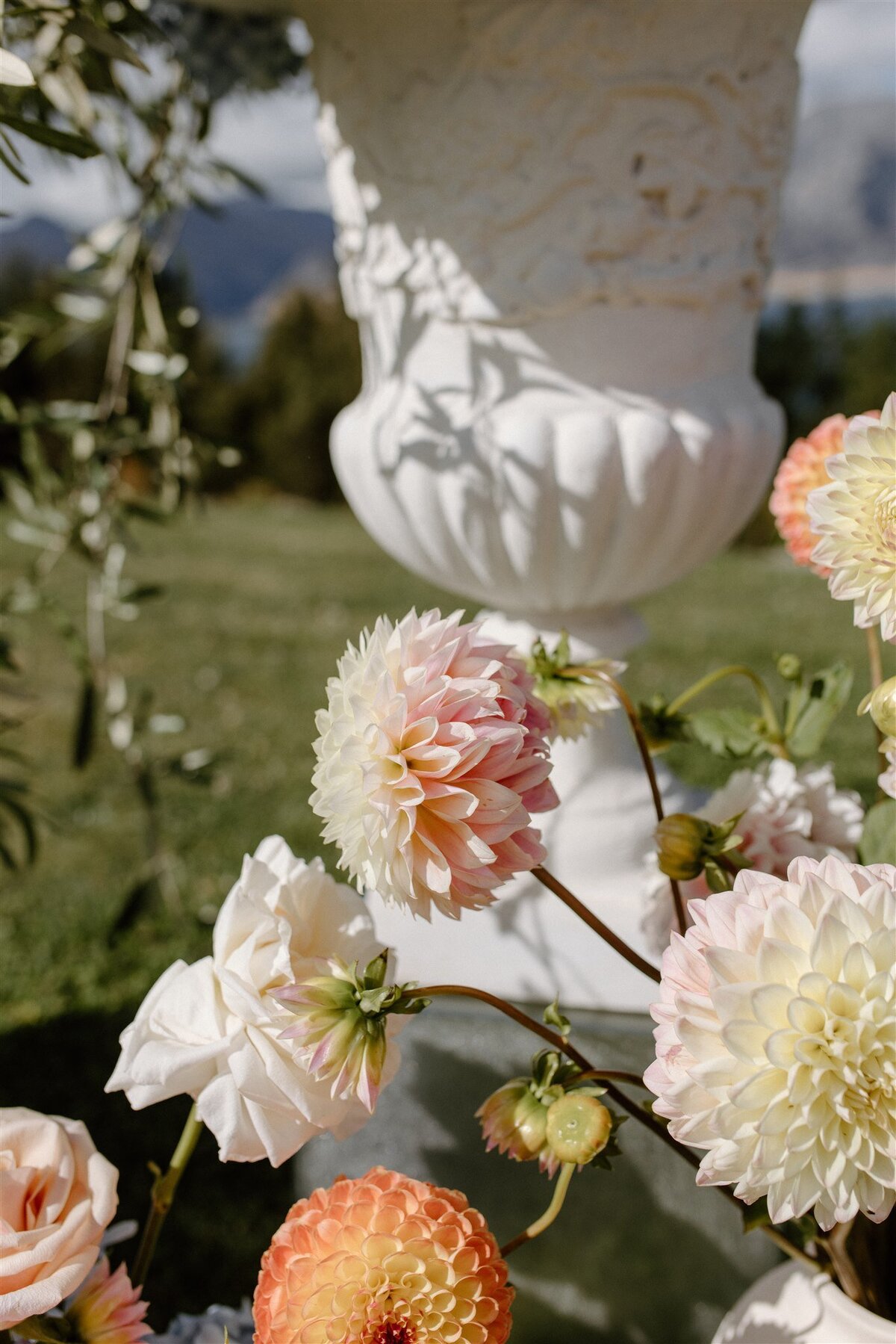 Close-up of delicate peach dahlias and cream roses in front of a textured white urn during a romantic alfresco wedding ceremony.