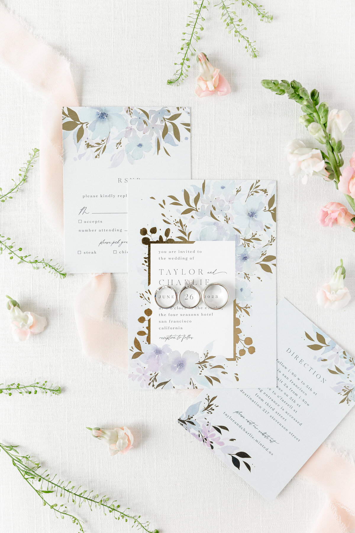 Wedding Invitation Suite with Florals and Rings