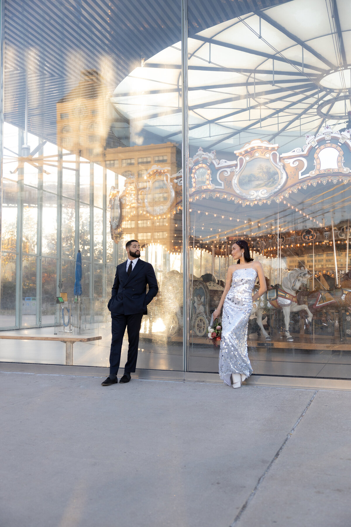 Romantic NYC Elopement - Subway The couple shares a tender moment with in Brooklyn near DUMBO, NYC.
