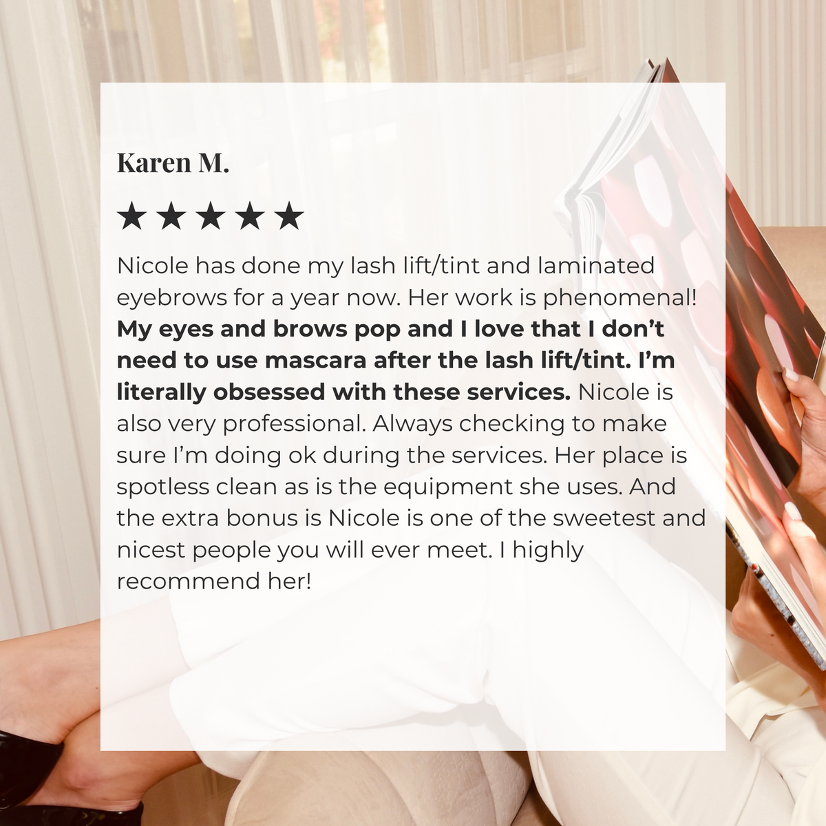 Happy client review about feeling confident and refreshed after brow and lash treatments