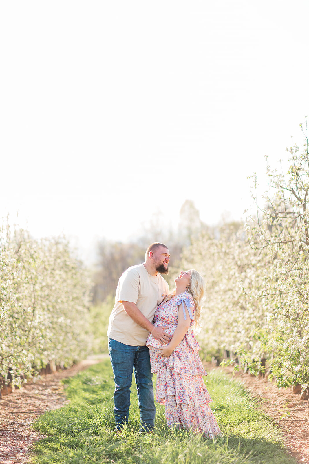 Expecting couple in orchard during golden hour