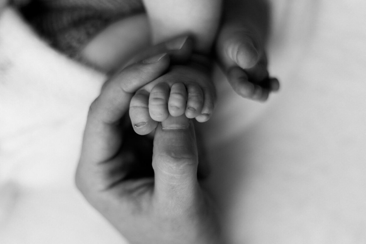 Close-up black and white photo of a parent's hand gently holding a newborn's tiny toes, captured in a natural, minimalist newborn photography session in Sydney.