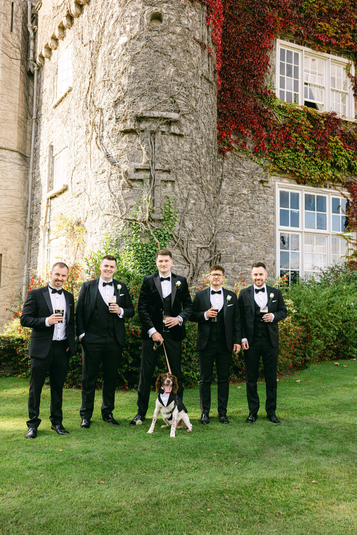 A wedding photo of the groom and his groomsmen at Luttrellstown Castle