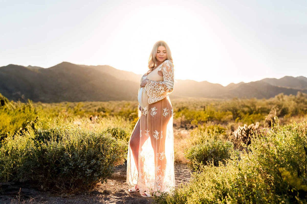 Stunning mom-to-be in sheer, lace gown posing for Cactus & Pine Photography