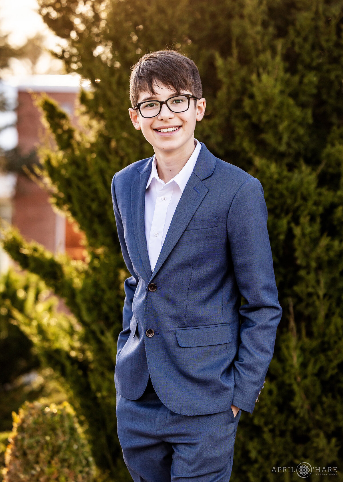 Outdoor Bar Mitzvah Boy Portrait at Temple Sinai in Denver Colorado