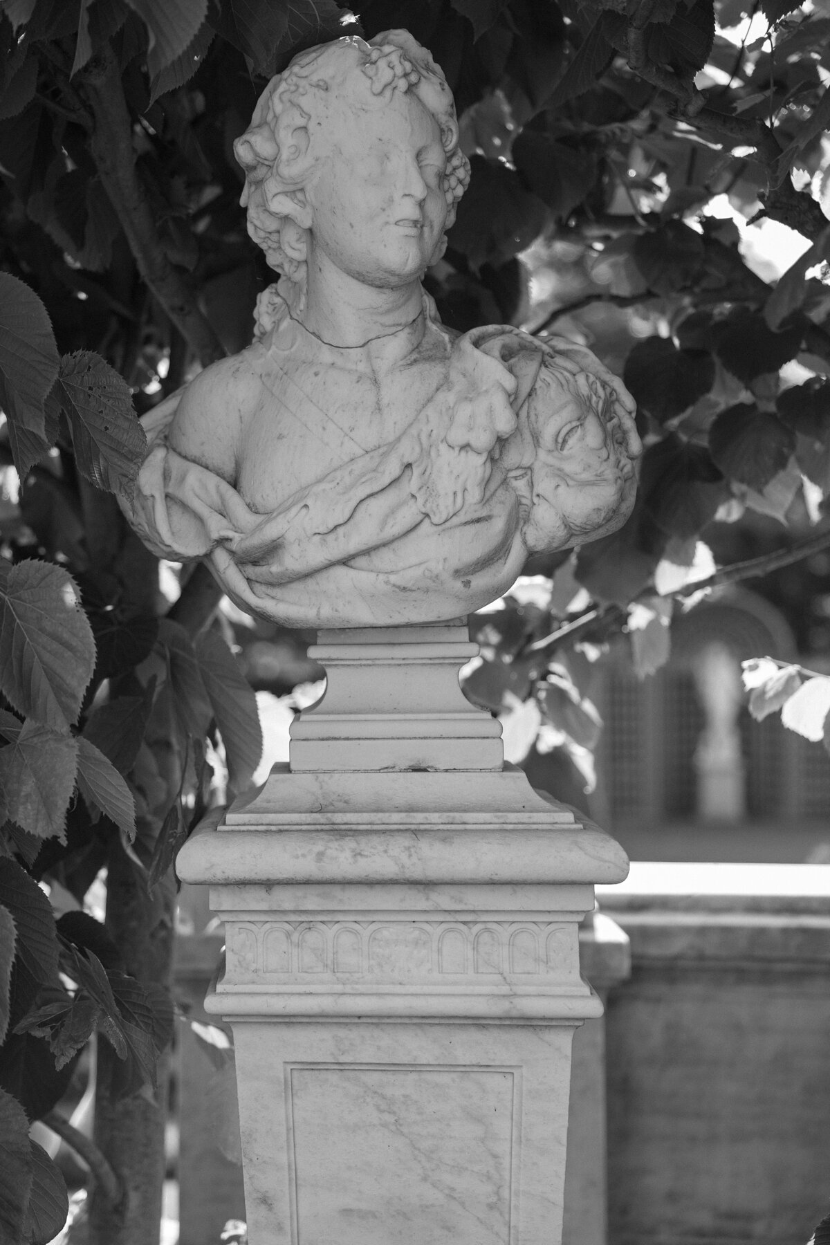 Marble bust on the grounds of the Elms Mansion.