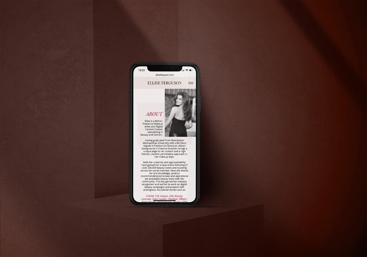 Mock up of iPhone with Ellise Fergusons website