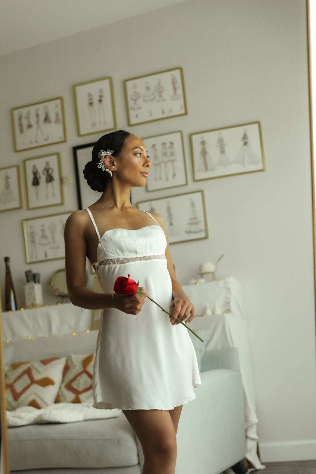Soft ivory slip dress with handmade beaded detailing along neckline
