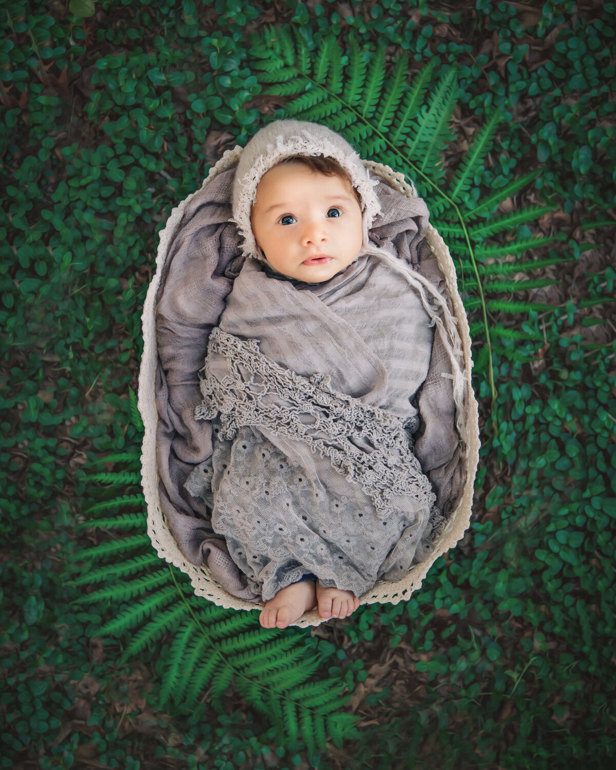 baby swaddled in basket during outdoor photos during newborn photography session at Veterans Park in Hamilton, New Jersey