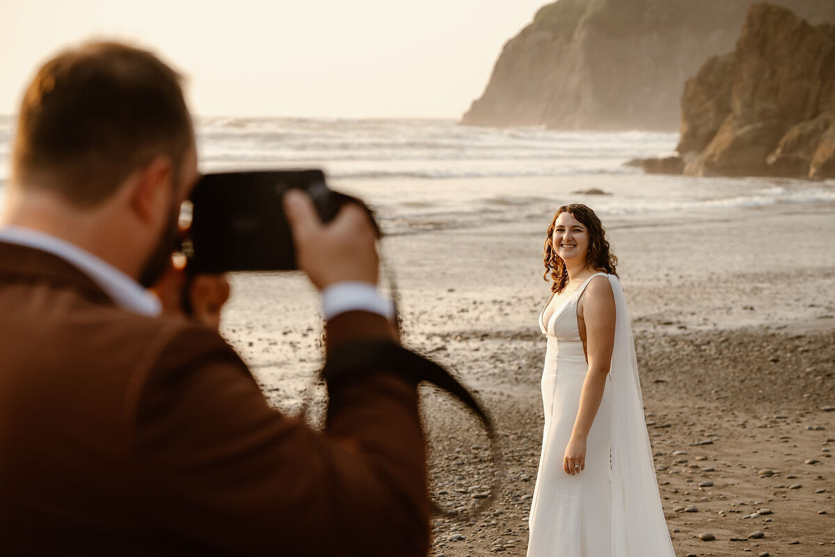a bride and groom feed each other dessert at their washignton elopement