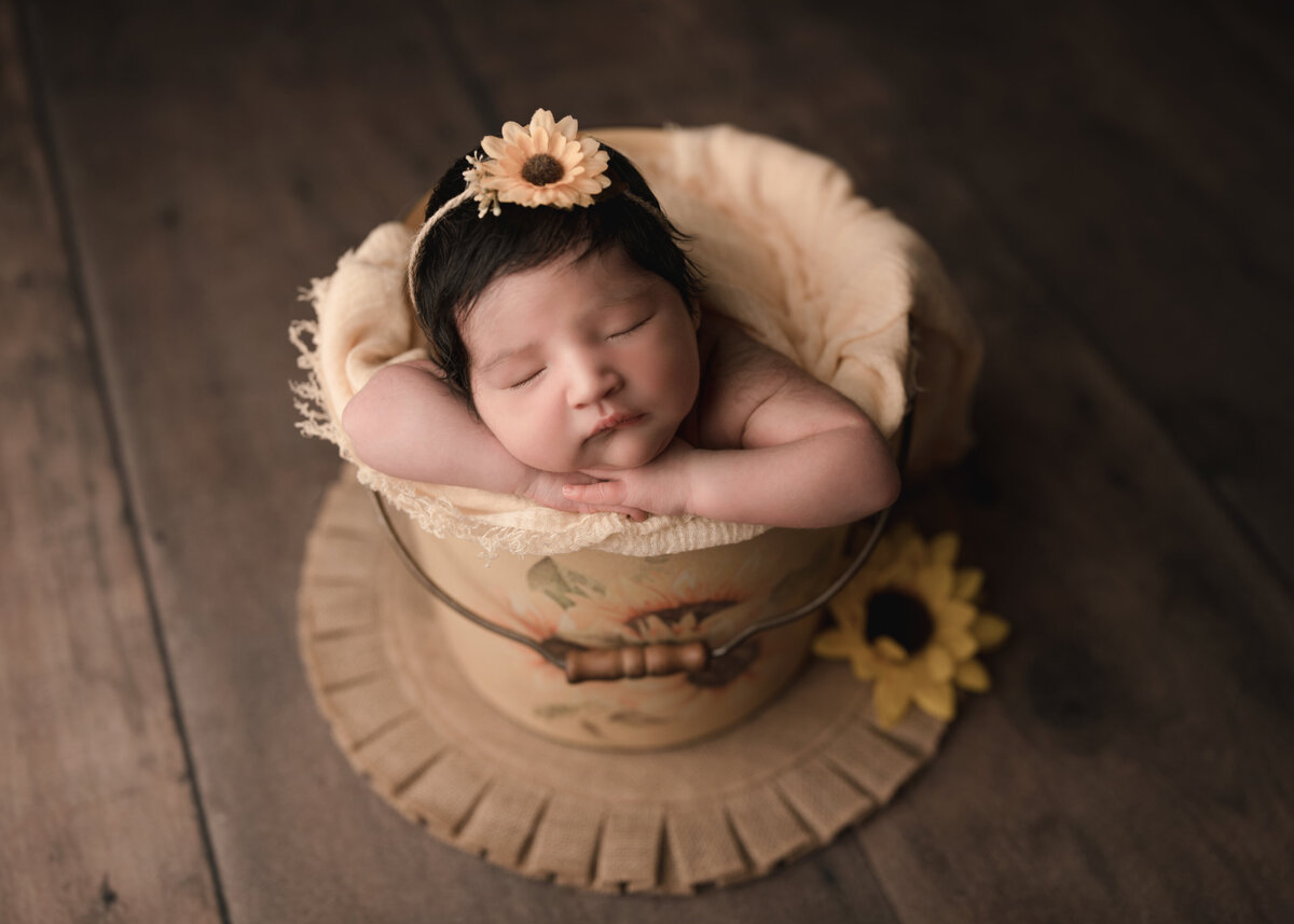 Aerial image of Riverside, CA newborn photoshoot. Baby girl sleeping in a bucket with pale yellow fabric draping the inside. Baby girl is wearing  headband with a tiny yellow sunflower. Captured by Best Riverside, CA newborn photographer Bonny Lynn Photography.