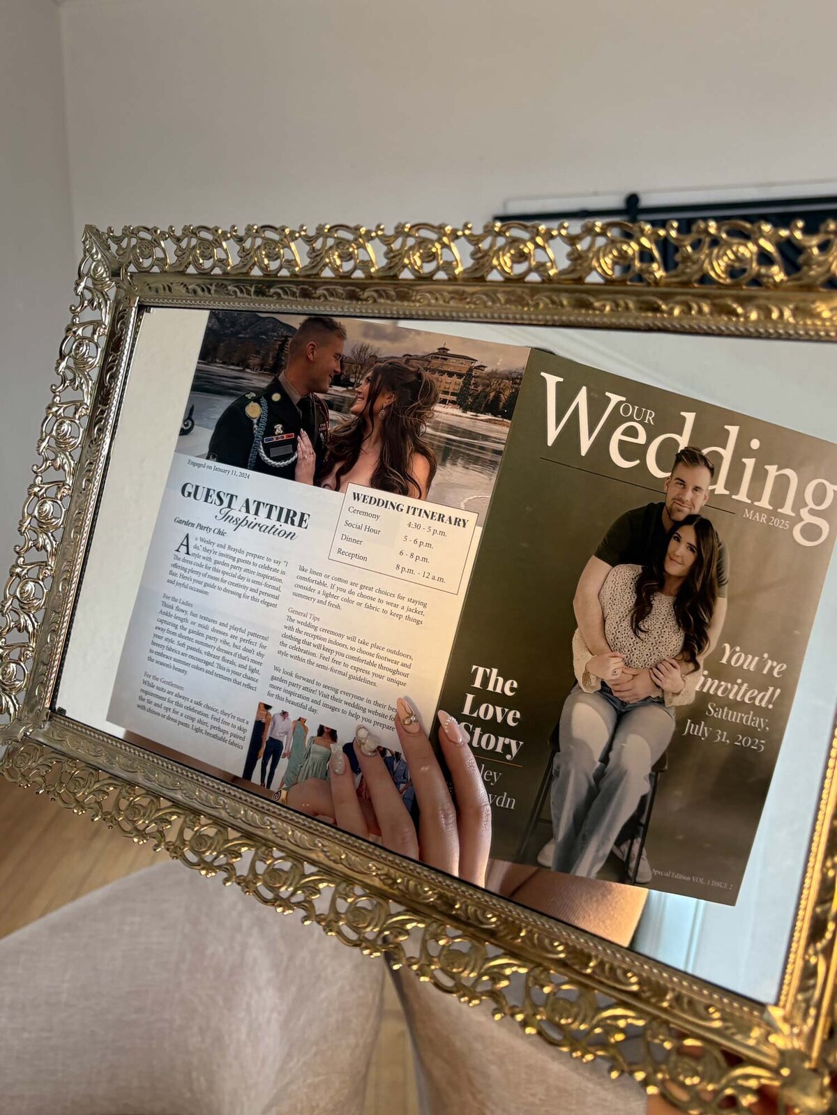 Faith-based wedding invitation reflected in antique gold mirror