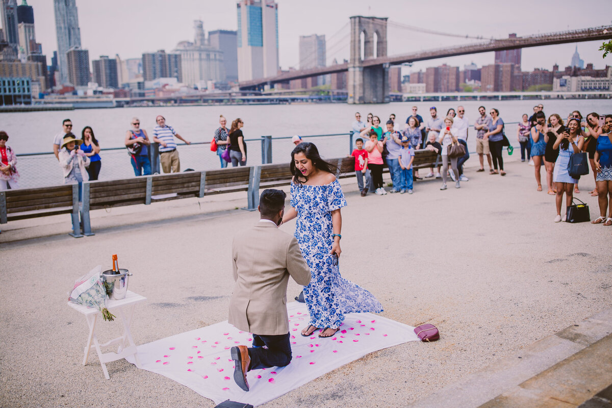 girl being proposed to at the brooklyn bridge park in nyc