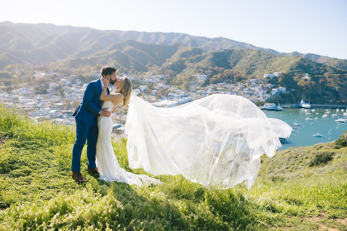 A bride and groom kiss during their Catalina Island elopement