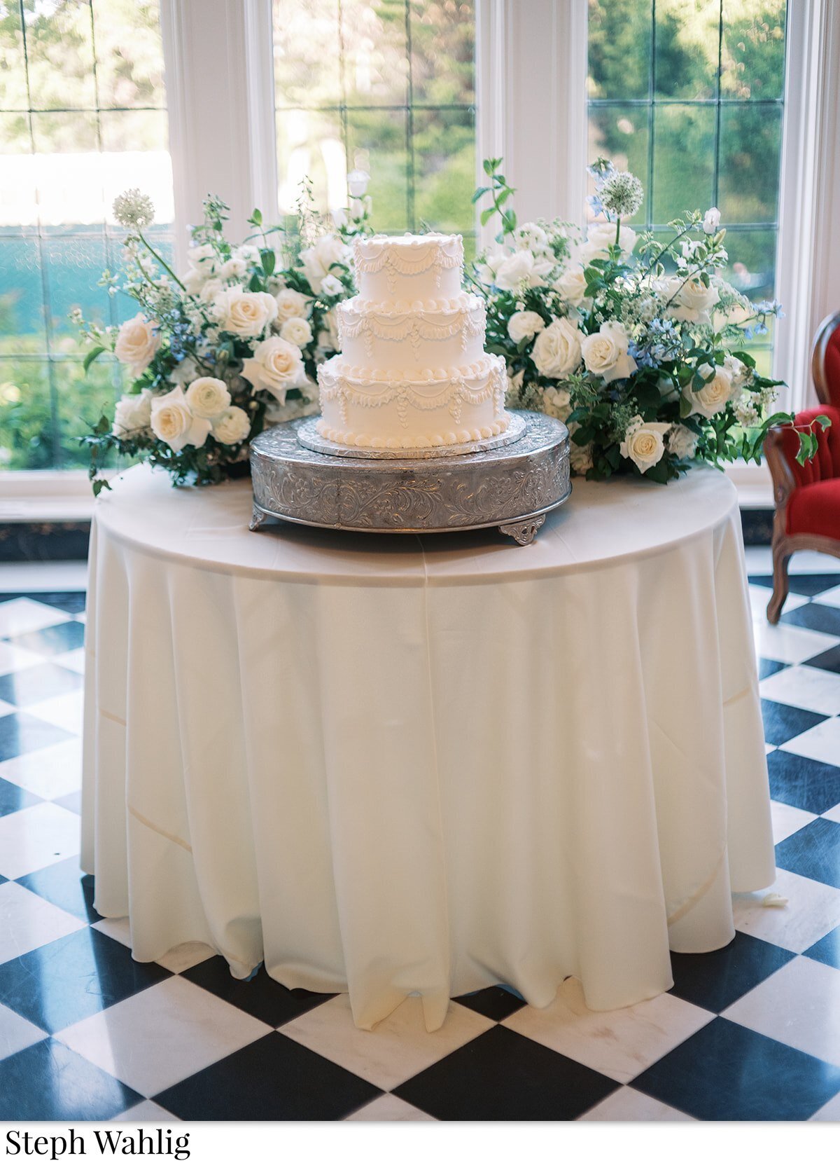 checkered floor, cake flowers, cake, three tiers, 