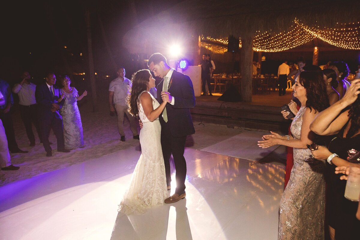 Bride and grooms first dance at wedding reception in Cancun