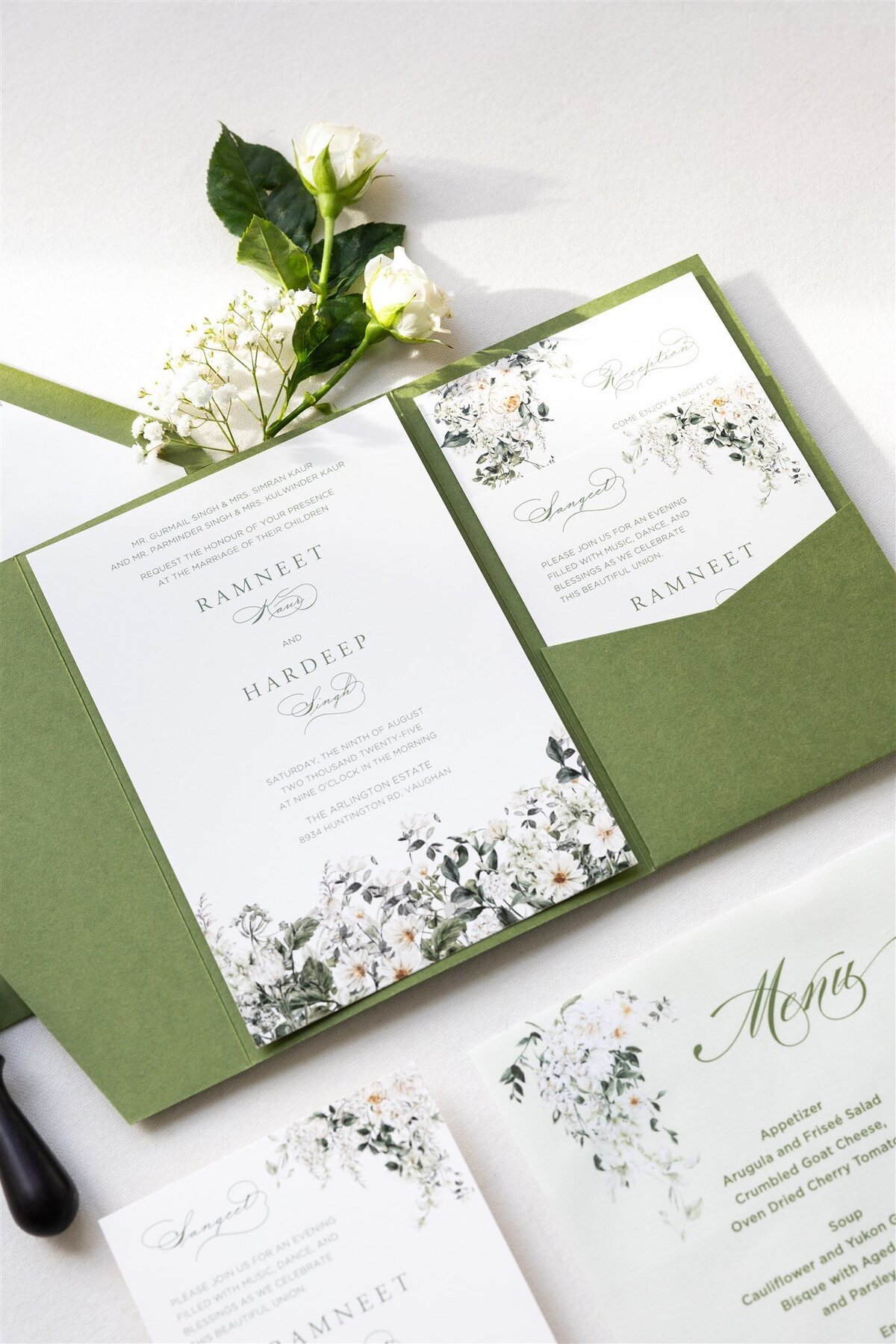Green pocket fold wedding invitation 3