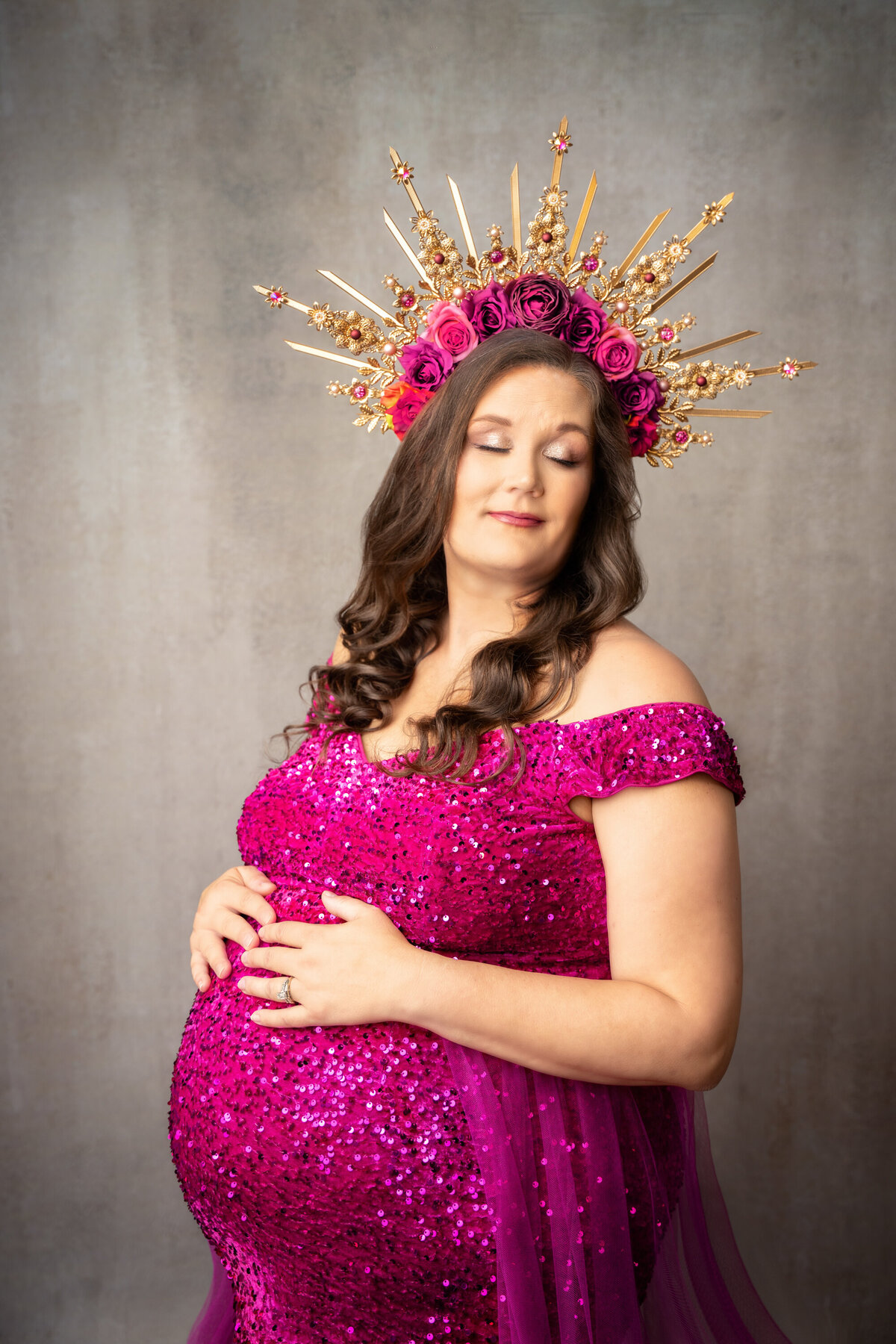 studio new orleans pink sequin pregnant belly crown halo woman