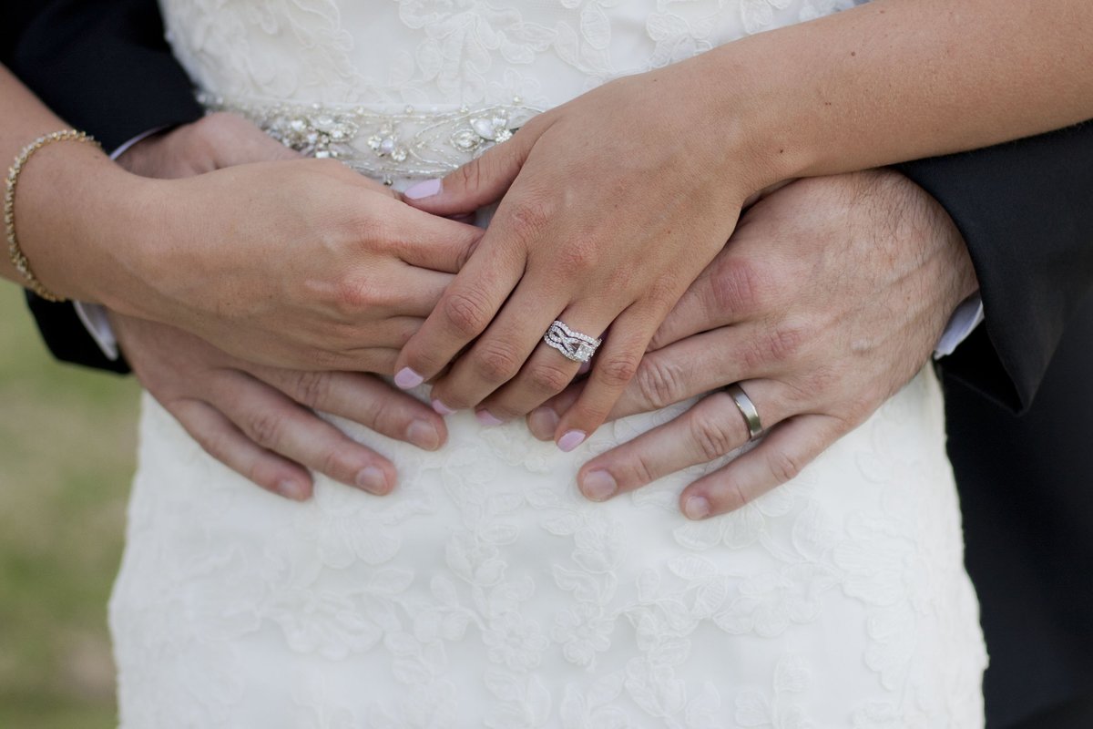 Close up of bride and groom's hands with wedding rings