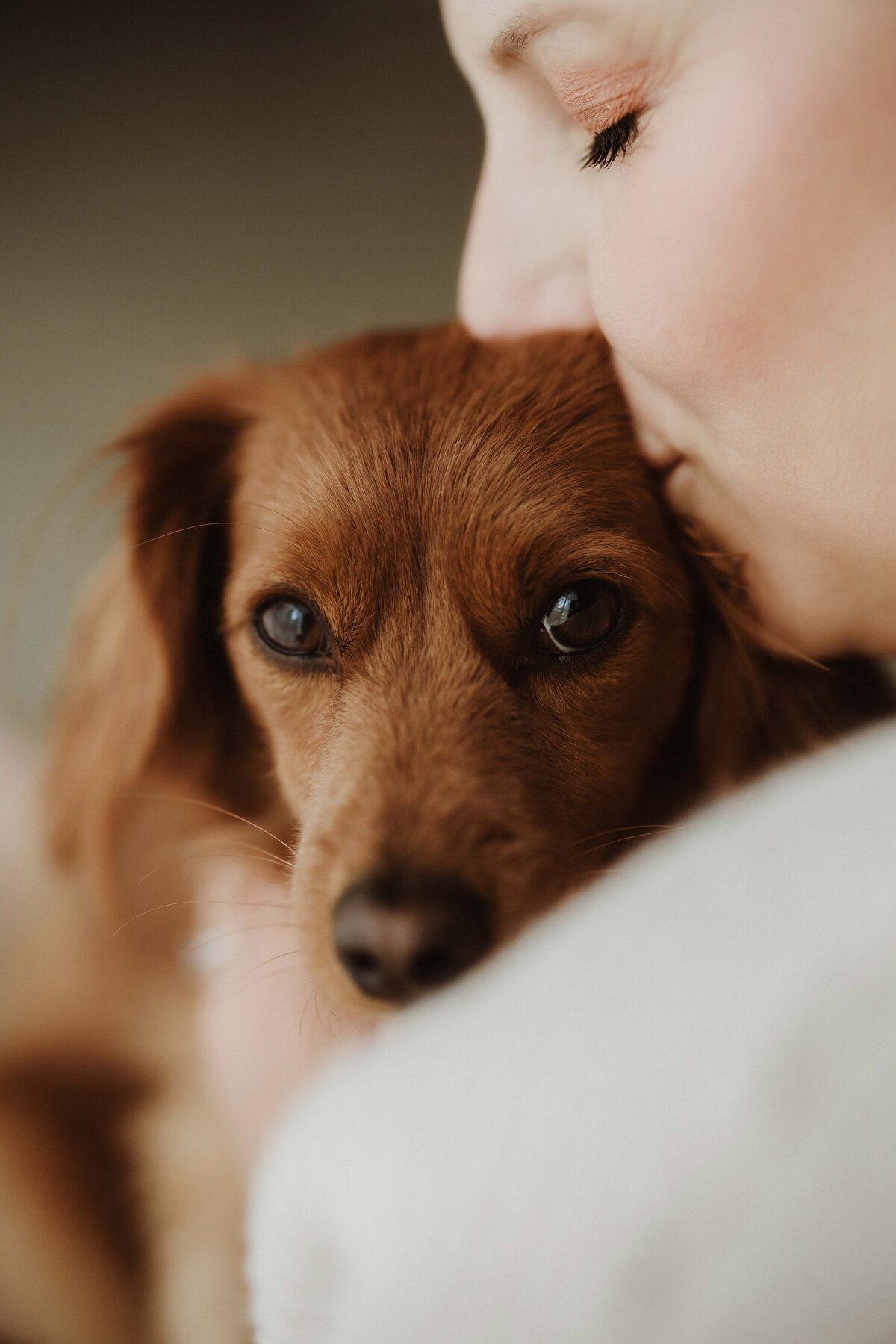Close up of a woman kissing her dog  on the head.