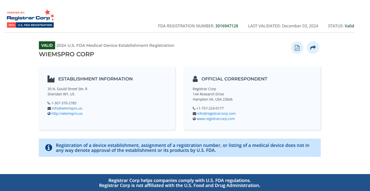 Screenshot pulled from Registrar corp to show safety of Weimspro EMS Suit.