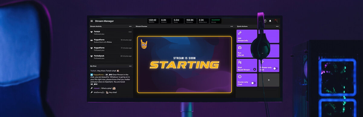 Twitch streamer desk setup, showing an office chair, headphones and desktop monitor. The screen shows Twitch setup with "Stream Starting Soon" graphic.
