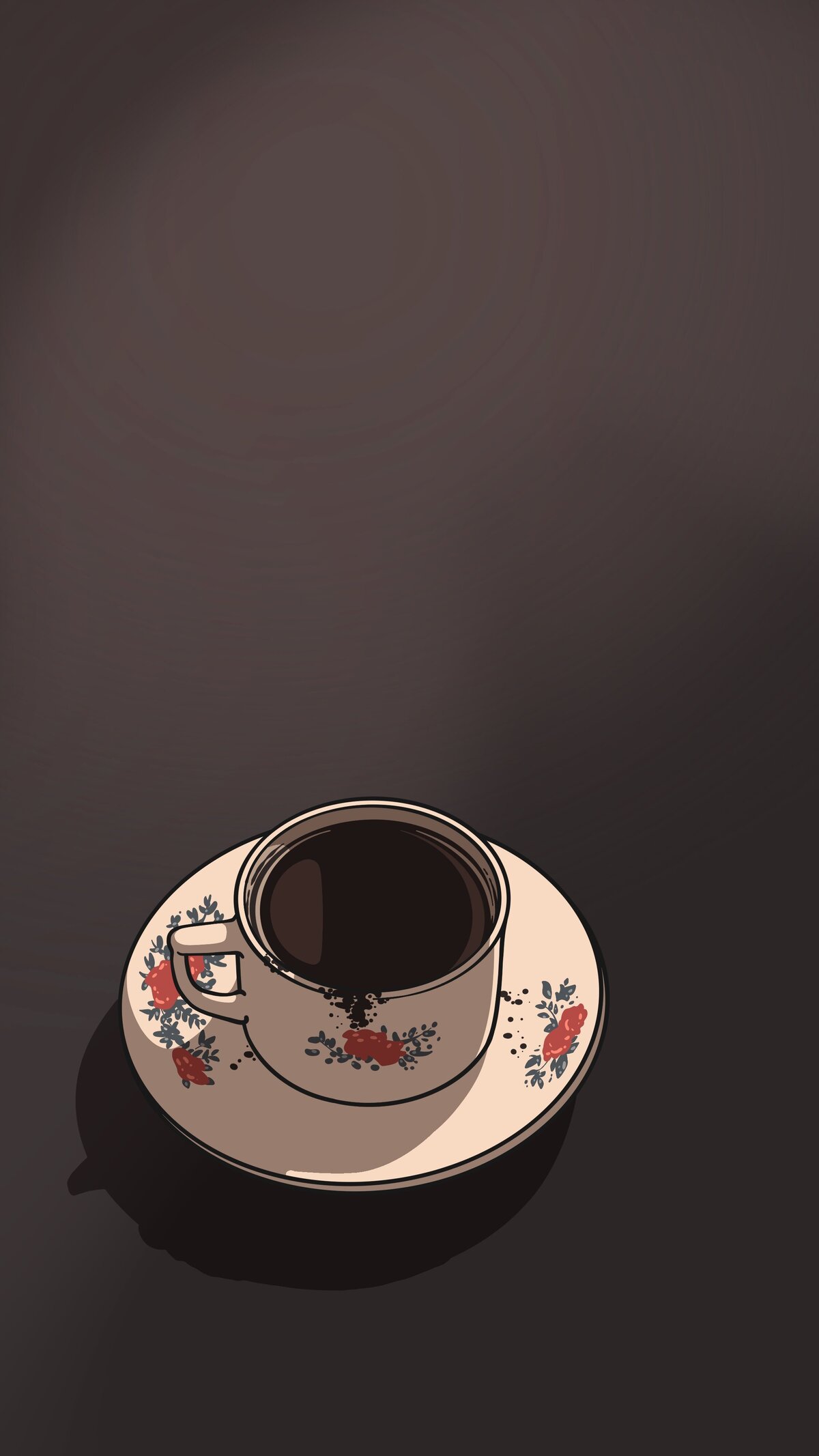 Illustrated contact form section on a dark brown background. Left side features “Get in Touch” heading with text inviting readers to subscribe for coffee tips and stories. Below are social media icons in tan for Facebook, Pinterest, Instagram, Twitter, and Google+. Right side has white form fields for name, email, subject, and message, with a "Submit Form" button below. At the bottom, an illustration of a coffee cup on a saucer decorated with red floral accents and green leaves. Art credit in small text reads: “Qomikin Studio.”