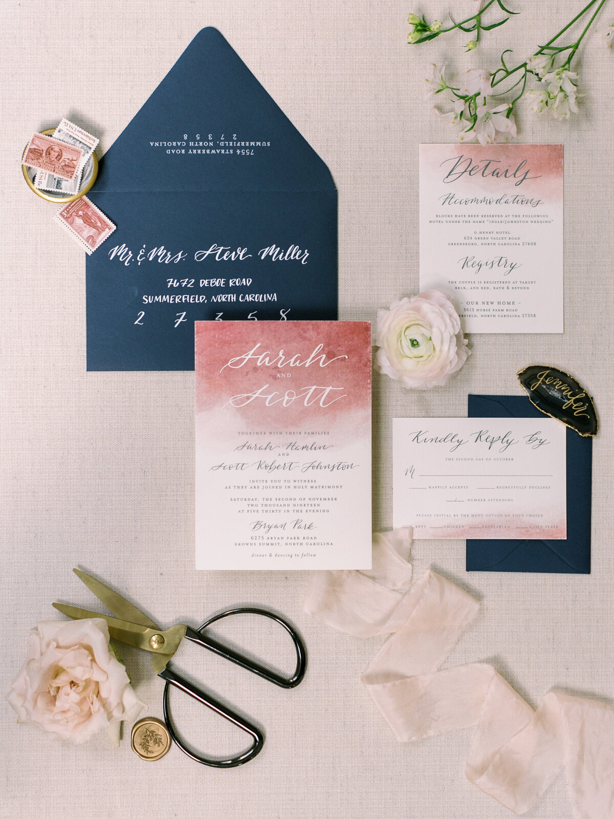 Wedding invitation suite flatlay