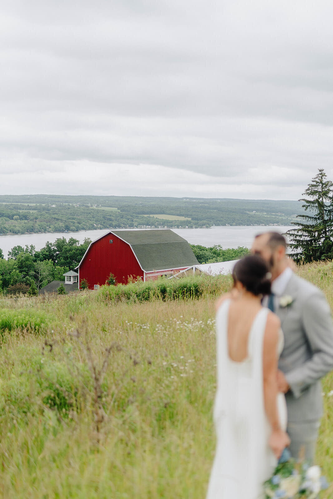 Bride and groom looking at scenery of Finger Lakes, NY and red barn