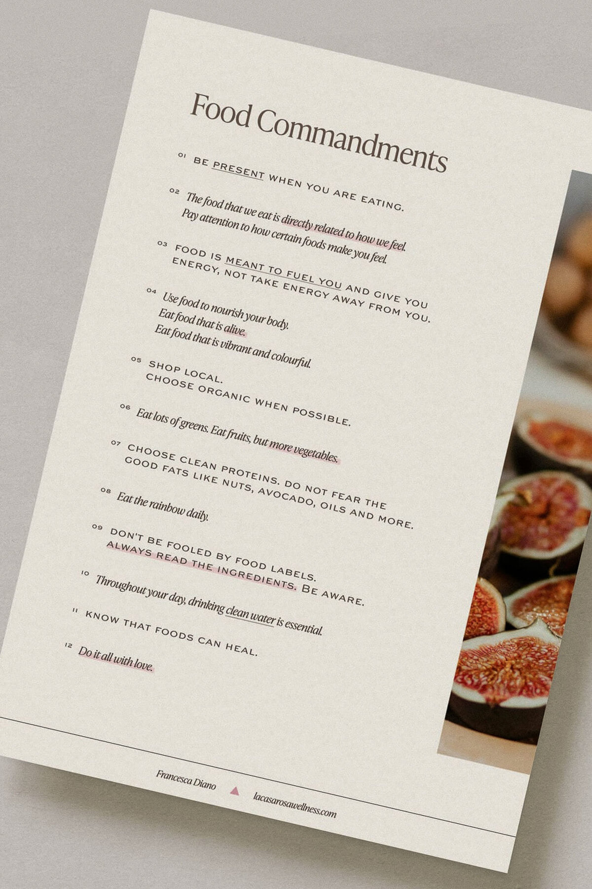 Close-up view of a custom-designed PDF for La Casa Rosa featuring a list of food commandments and lifestyle tips.