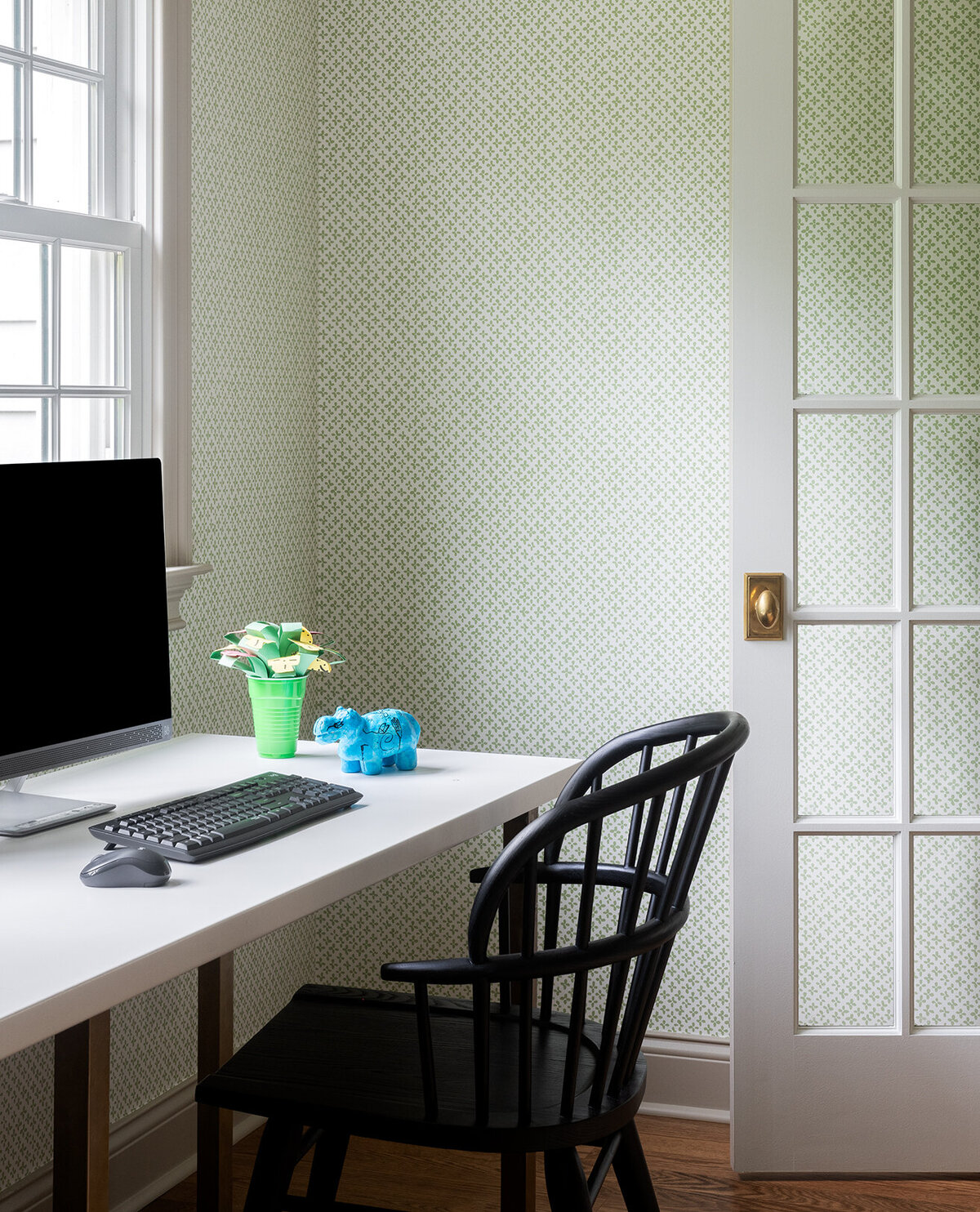 white study table with black desktop and metal chair
