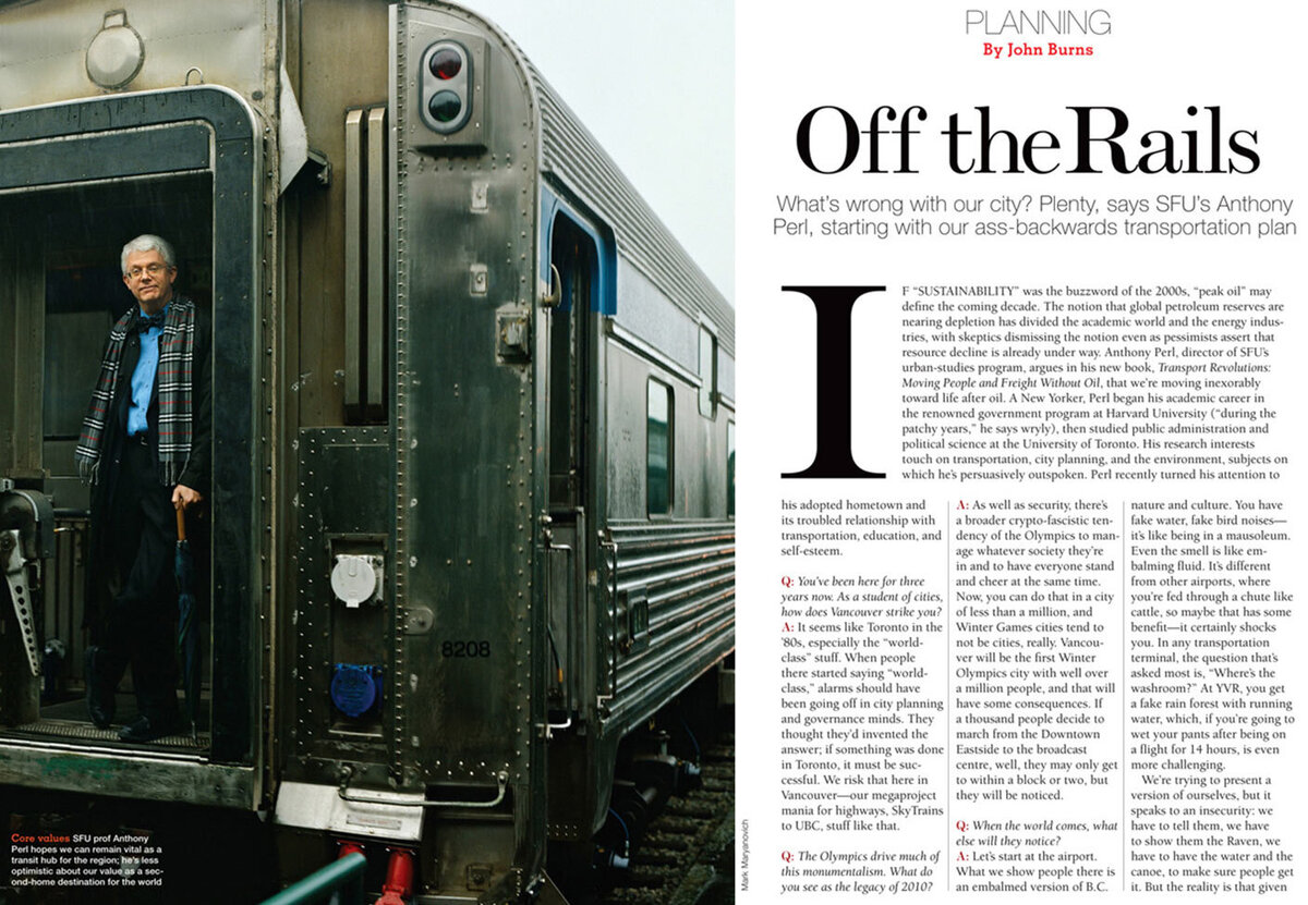 Via Rail Magazine Article Title Off The Rails professor standing  in doorway at back of train