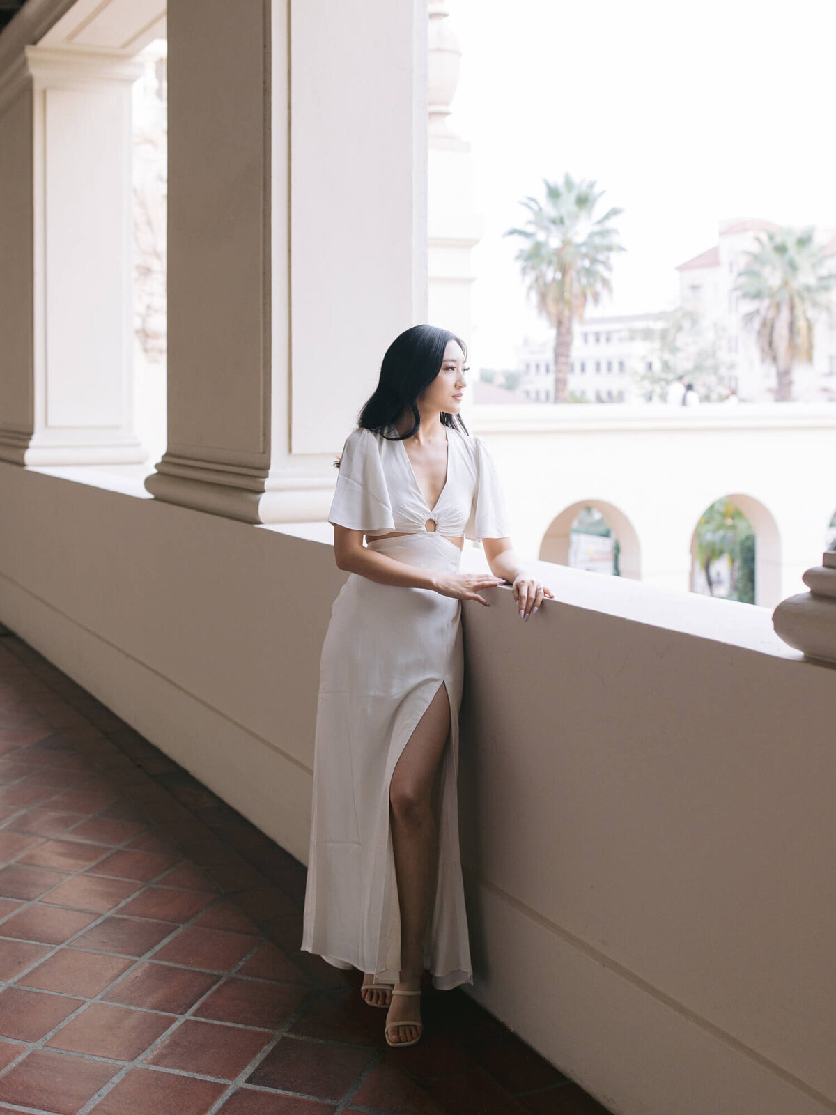 engagement photo in white dress at pasadena city hall