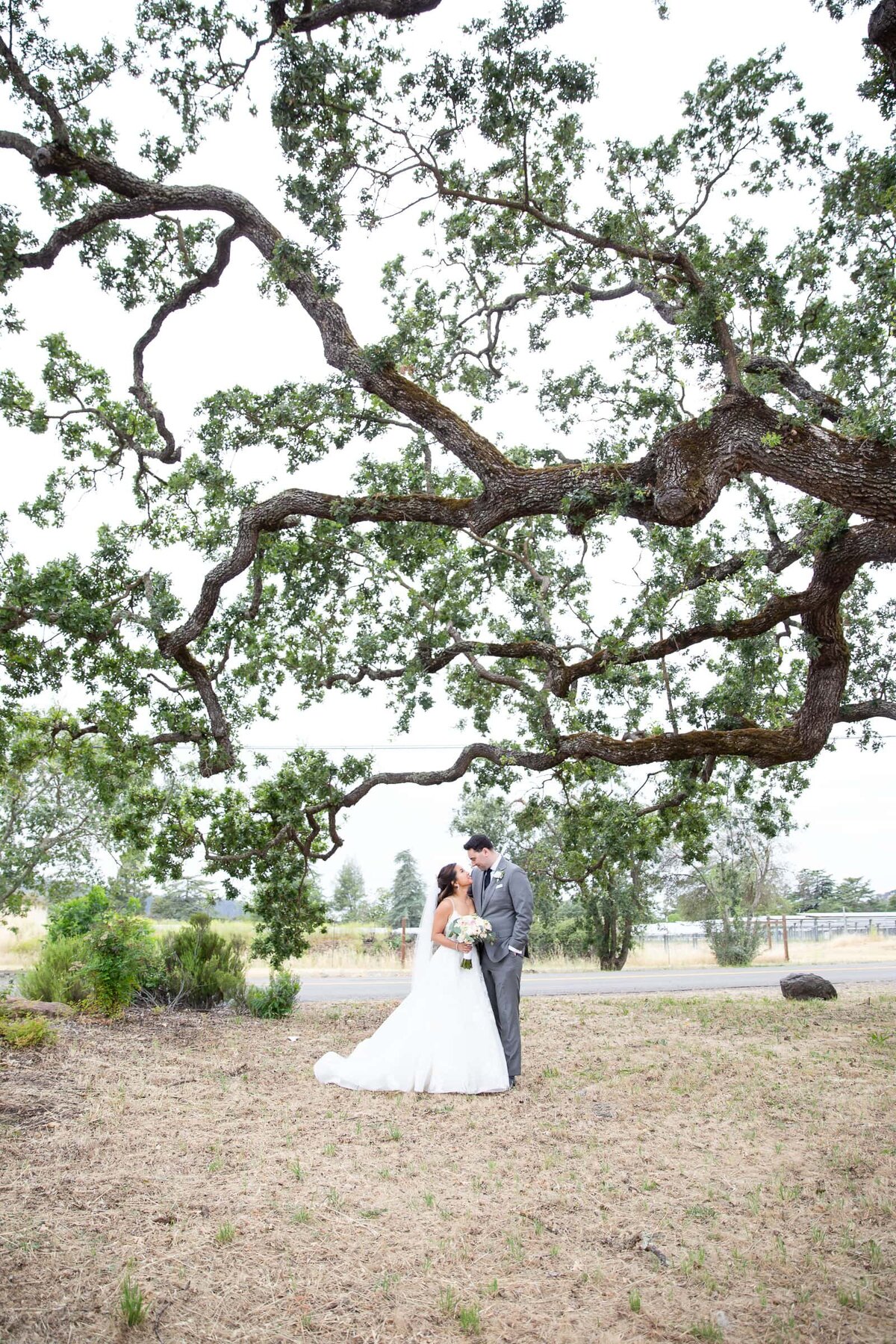 bride and groom standing under an oak tree looking into each others eyes and smiling. Romantic moment between bride and groom by Raleigh Wedding Photographer.