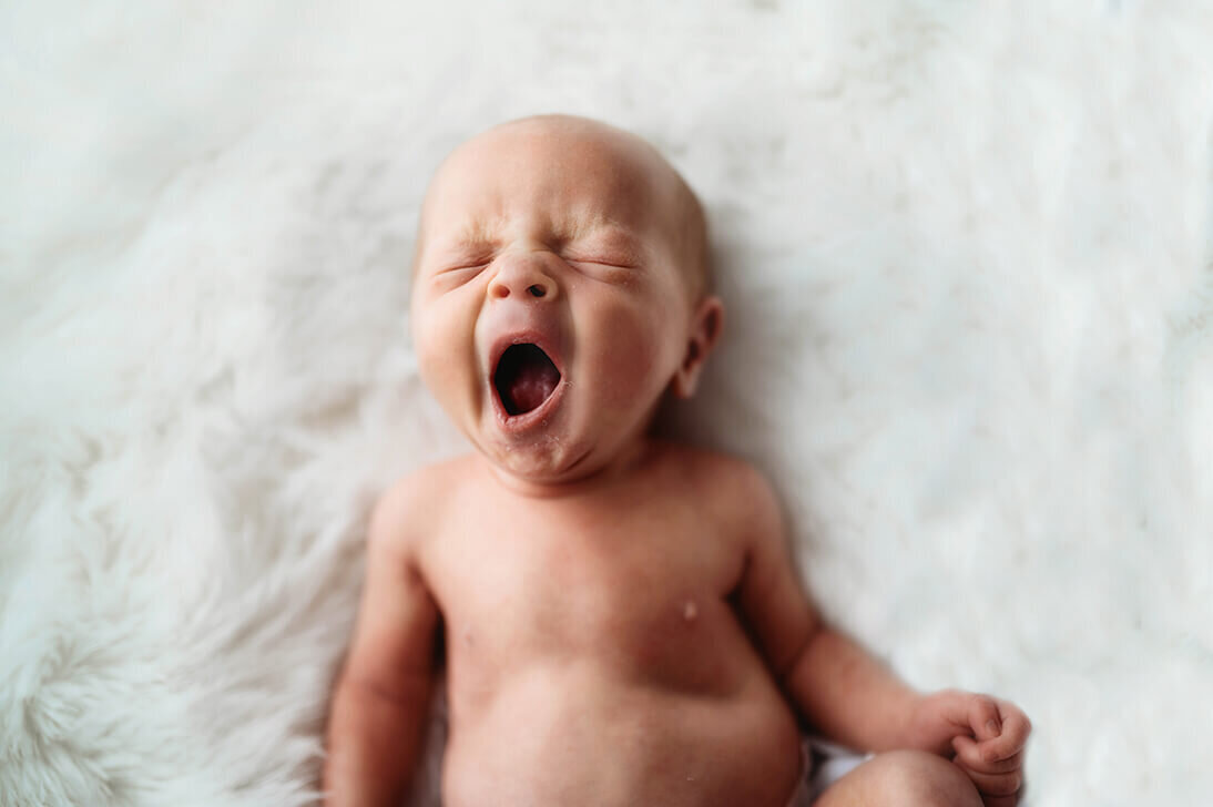 Newborn baby yawns during Newborn Photoshoot.