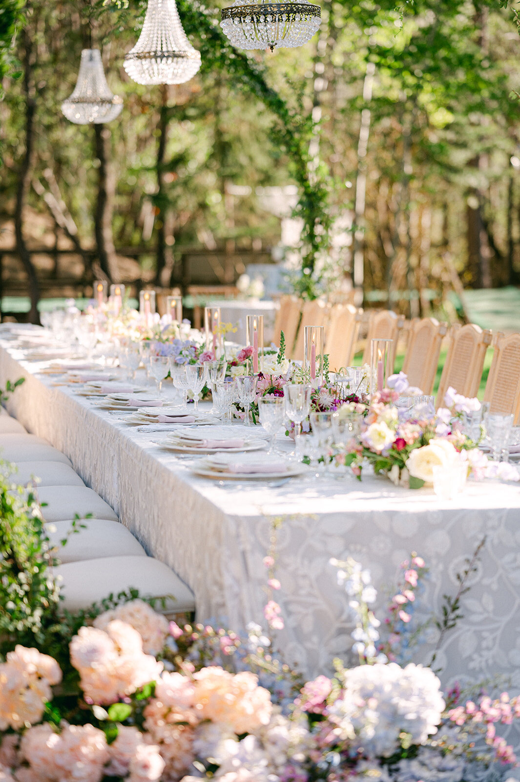 Outdoor wedding reception table at Lake Tahoe wedding.