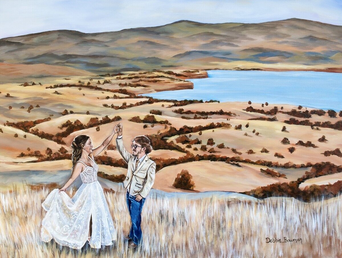 Outdoor live wedding painting overlooking the plains in Swartz Pierre South Dakota