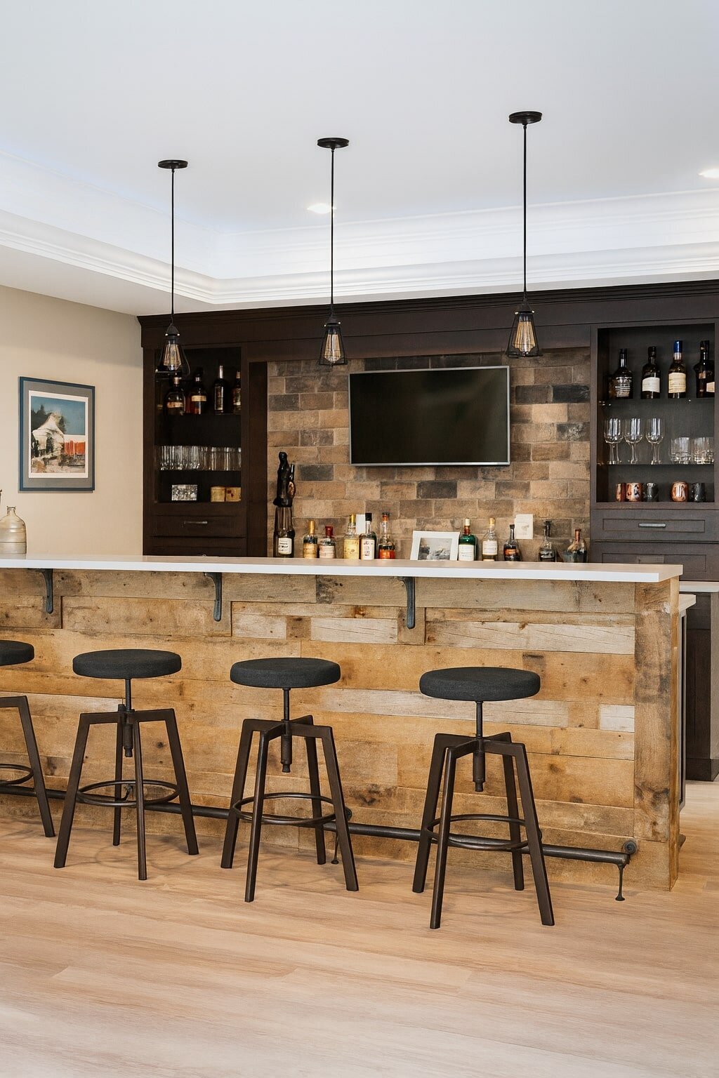 Rustic basement remodel design featuring a built in home bar with contemporary lighting